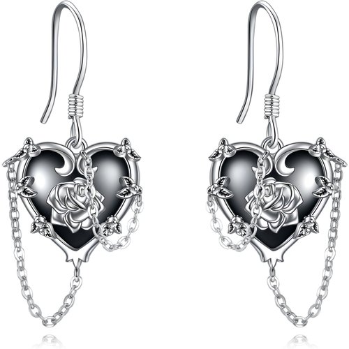 Sterling Silver Two-Tone Heart Zircon Rose Cross Skull Drop Earrings For Women