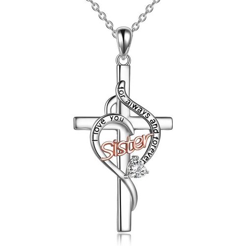 Sterling Silver Two-tone Zircon Sisters & Cross Pendant Necklace