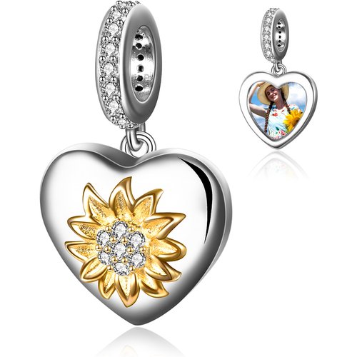Sterling Silver Two-tone Zircon Sunflower Dangle Charm