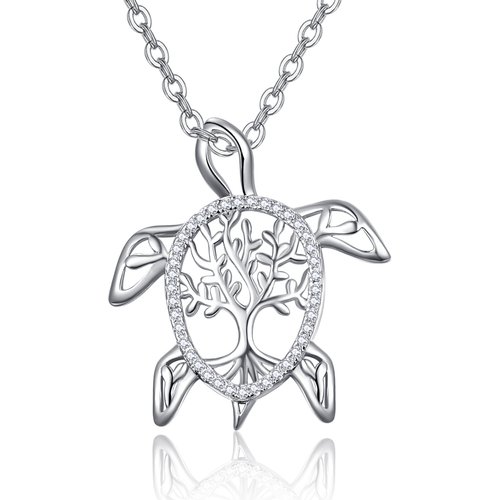 Sterling Silver Cubic Zirconia Tortoise & Tree Of Life Pendant Necklace