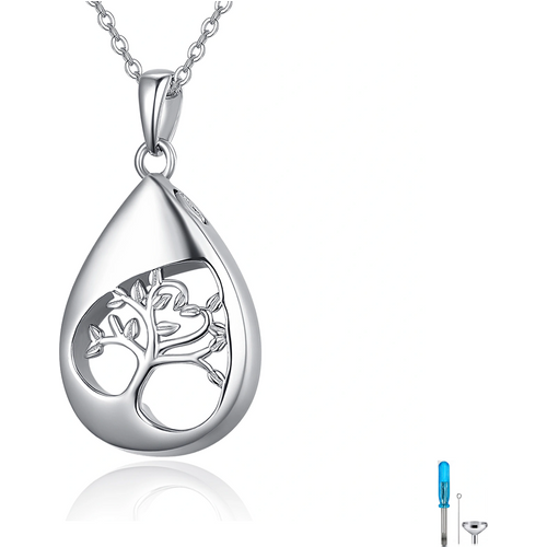 Sterling Silver Tree Of Life Drop Shaped Urn Necklace for Ashes