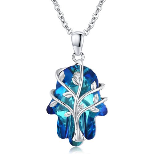 Sterling Silver Tree Of Life & Hamsa Hand Crystal Pendant Necklace