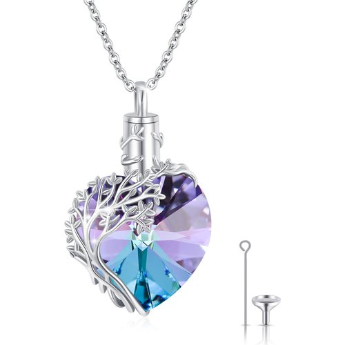 Sterling Silver Tree Of Life & Heart Crystal Cremation Jewelry Urn Necklace for Ashes