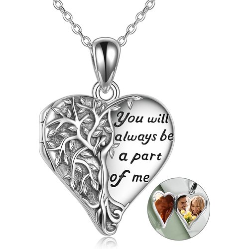 Sterling Silver Tree Of Life & Personalized Photo Locket Necklace with Engraved Word