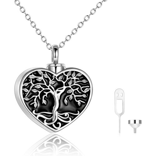 Sterling Silver Tree Of Life & Heart Urn Necklace for Ashes with Engraved Word