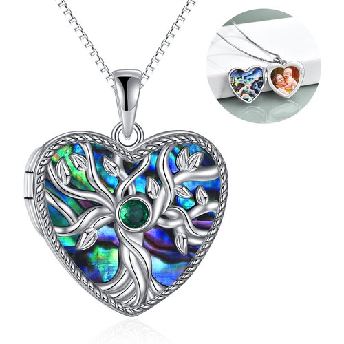 Sterling Silver Tree Of Life Personalized Photo Locket Necklace with Engraved Word