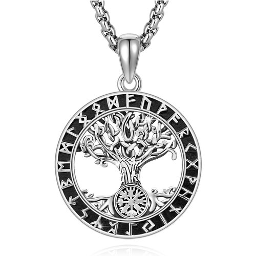 Sterling Silver Tree Of Life & Viking Rune Pendant Necklace for Men