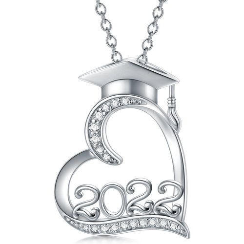 Sterling Silver Cubic Zirconia Trencher Cap & Heart Personalized Classic Name Pendant Necklace for Graduation