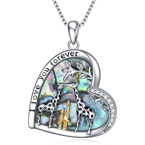 Sterling Silver Tri-tone Abalone Shellfish Giraffe & Heart Pendant Necklace with Engraved Word