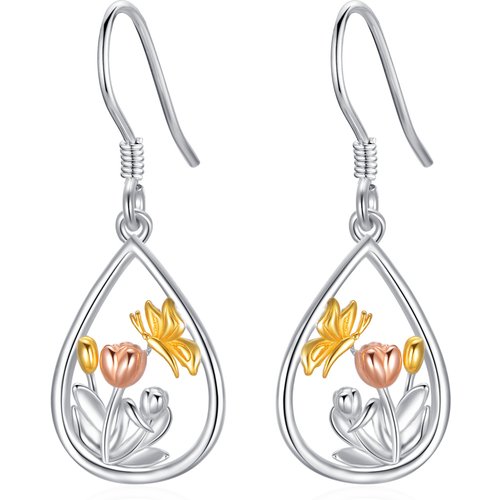 Sterling Silver Tri-tone Butterfly Drop Earrings
