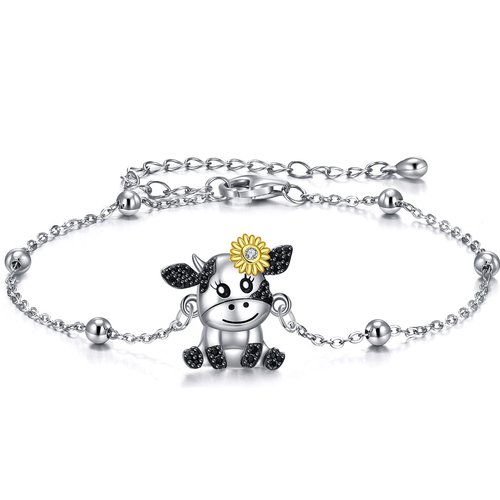 Sterling Silver Tri-tone Circular Shaped Cubic Zirconia Cow & Sunflower Charm Bracelet