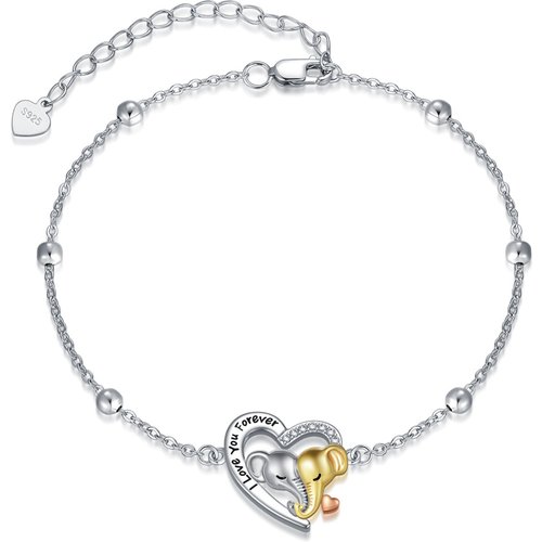 Sterling Silver Tri-tone Circular Shaped Cubic Zirconia Elephant & Heart Charm Bracelet with Engraved Word