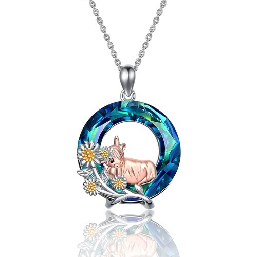 Sterling Silver Tri-tone Circular Shaped Highland Cow & Daisy Crystal Pendant Necklace