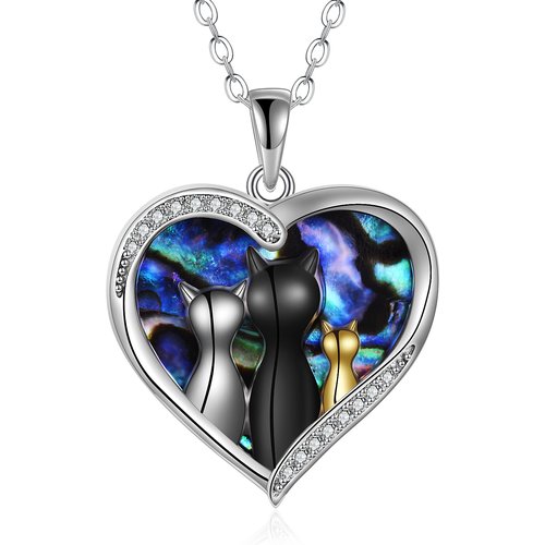Sterling Silver Tri-Tone Heart Abalone Shellfish Cat Pendant Necklace For Women