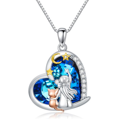 Sterling Silver Tri-Tone Heart Crystal Cat Moon & Star Pendant Necklace For Women Best Friends