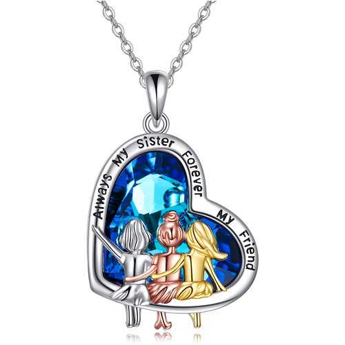 Sterling Silver Tri-Tone Heart Crystal Sisters Pendant Necklace For Women
