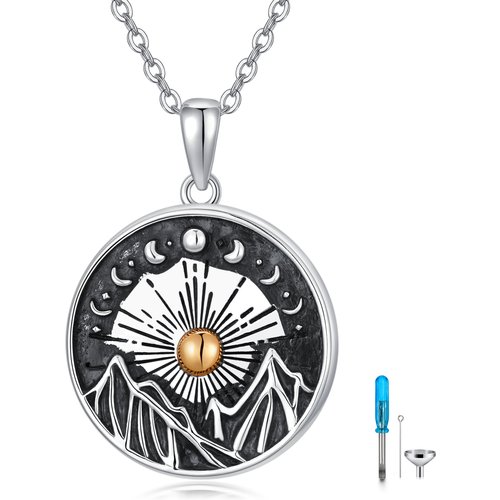 Sterling Silver Tri-tone Moon & Mountains Urn Necklace for Ashes