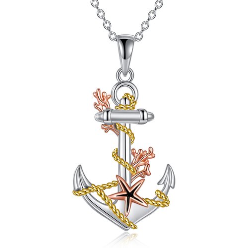 Sterling Silver Tri-tone Starfish & Anchor Pendant Necklace
