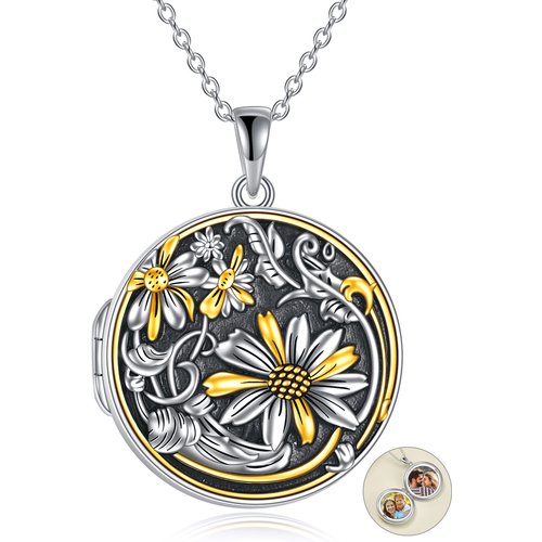 Sterling Silver Tri-tone Sunflower Personalized Photo Locket Necklace