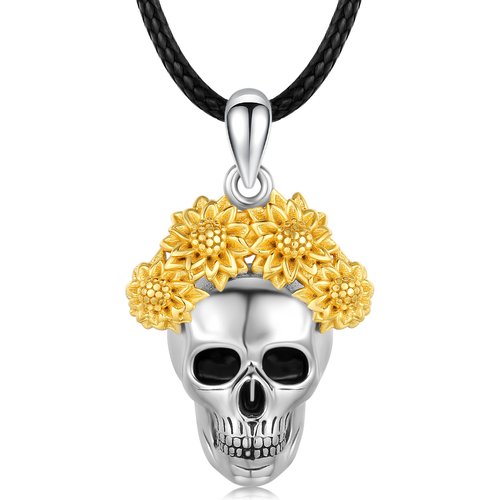 Sterling Silver Tri-tone Sunflower & Skull Pendant Necklace