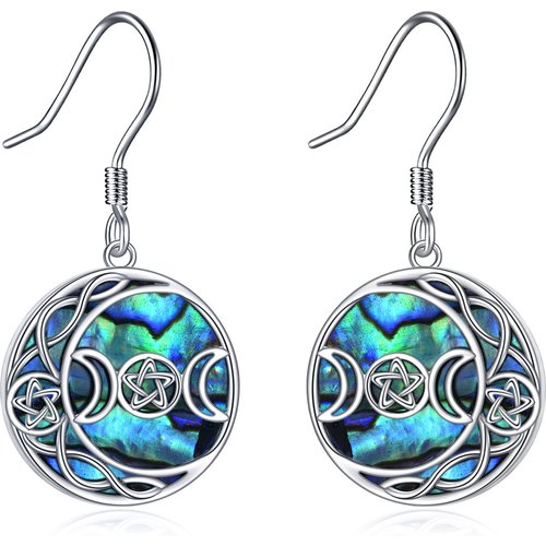 Sterling Silver Circular Shaped Abalone Shellfish Celtic Spiral Knot & Moon & Star Of David Drop Earrings