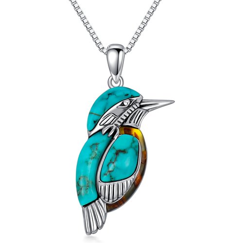 Sterling Silver Turquoise Amber Bird Pendant Necklace for Women