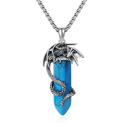 Sterling Silver Turquoise Dragon Pendant Necklace for Men