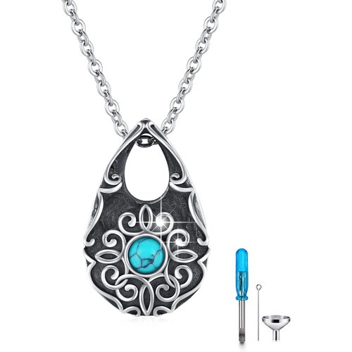 Sterling Silver Turquoise Drop Shape Urn Necklace for Ashes with Engraved Word