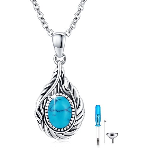 Sterling Silver Turquoise Feather Urn Necklace for Ashes