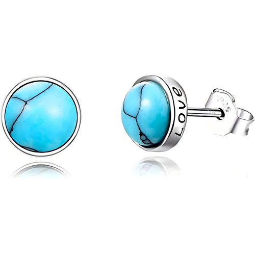 Sterling Silver Turquoise Round Stud Earrings with Engraved Word