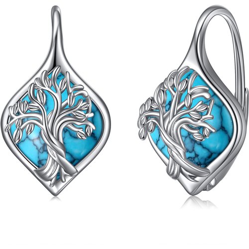 Sterling Silver Turquoise Tree Of Life Lever-back Earrings