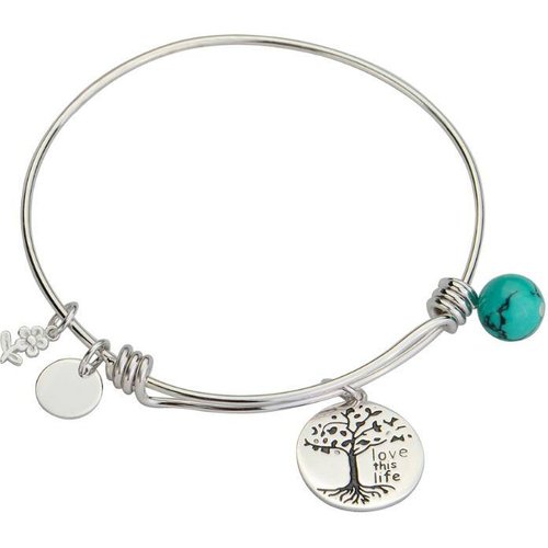 Sterling Silver Turquoise Tree Of Life Pendant Bangle with Engraved Word