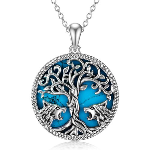 Sterling Silver Turquoise Wolf & Tree Of Life Pendant Necklace