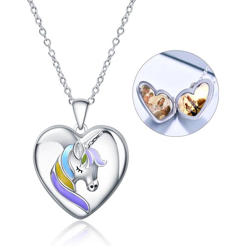 Sterling Silver Unicorn Heart Personalized Photo Locket Necklace with Engraved Word