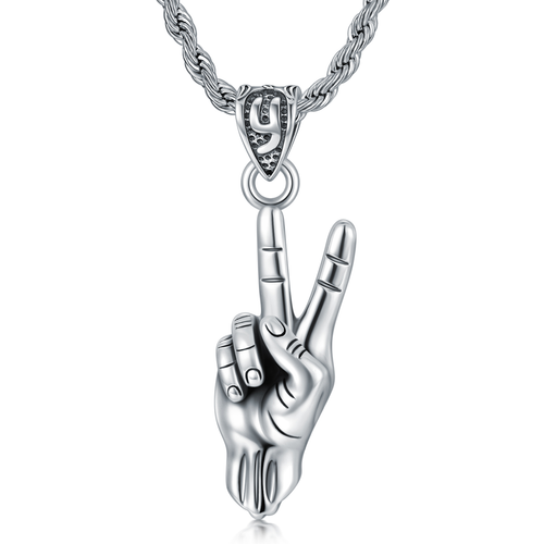 Sterling Silver Victory Gesture Pendant Necklace for Men