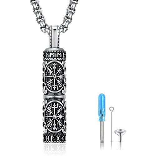 Sterling Silver Viking Rune Compass Cremation Urn Necklace For Ashes For Men