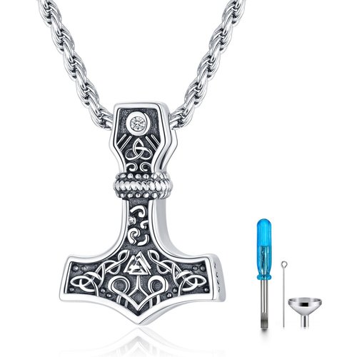 Sterling Silver Cubic Zirconia Viking Rune Urn Necklace For Ashes For Men