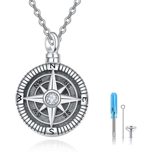 Sterling Silver Cubic Zirconia Vintage Compass Urn Necklace for Ashes