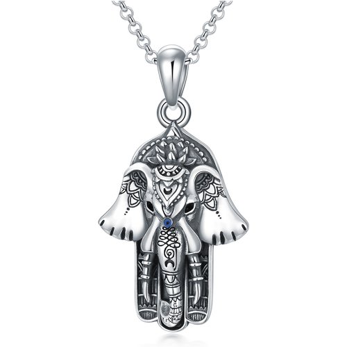 Sterling Silver Vintage Elephant & Hamsa Hand Lotus Pendant Necklace