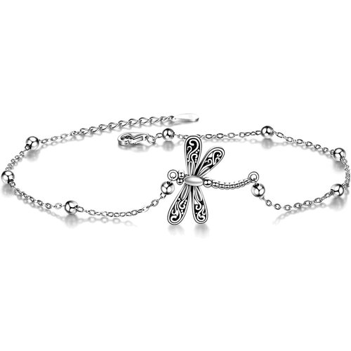 Sterling Silver Vintage Oxidized Dragonfly Charm Bracelet with Bead Station Chain