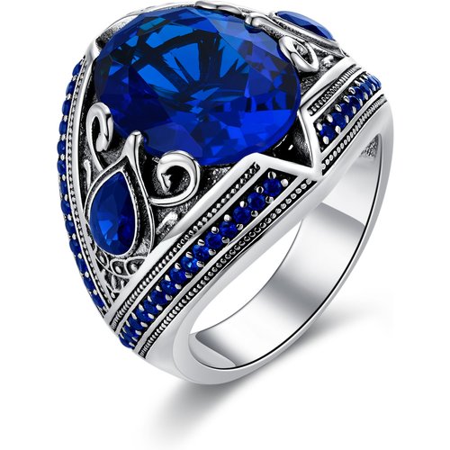 Sterling Silver Vintage Oxidized Navy Blue Personalized Birthstone Class Ring