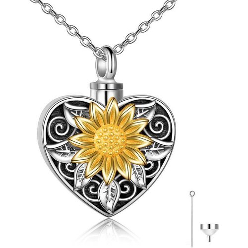 Sterling Silver Vintage Oxidized Sunflower & Heart Urn Necklace for Ashes