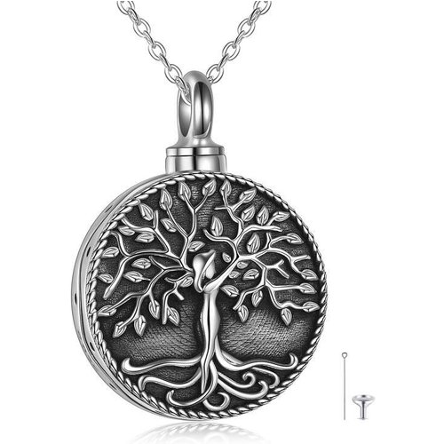 Sterling Silver Vintage Tree Of Life Urn Necklace for Ashes with Engraved Word