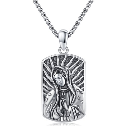 Sterling Silver Virgin Mary Pendant Necklace for Men