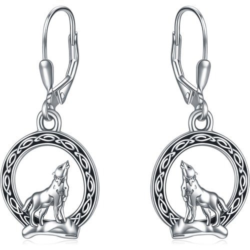 Sterling Silver Wolf & Celtic Knot Lever-back Earrings