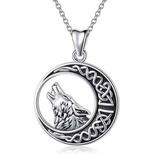 Sterling Silver Wolf & Moon With Celtic Knot Pendant Necklace For Men