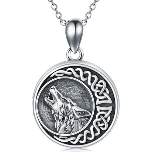 Sterling Silver Wolf & Celtic Knot Moon Personalized Photo Locket Necklace