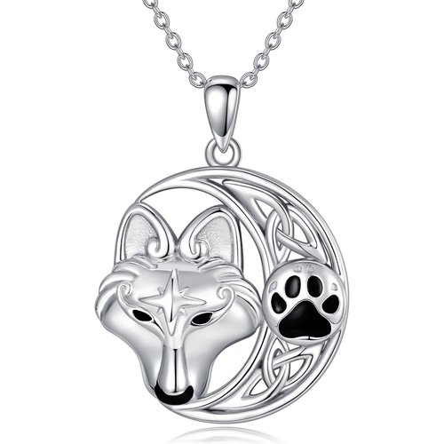 Sterling Silver Wolf With Celtic Knot Viking Rune Pendant Necklace For Women