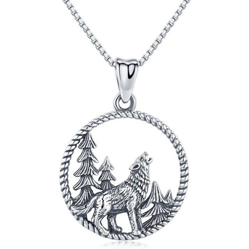 Sterling Silver Wolf Circle Pendant Necklace for Men
