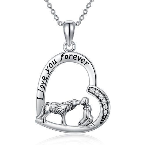 Sterling Silver Cubic Zirconia Wolf & Heart Pendant Necklace with Engraved Word